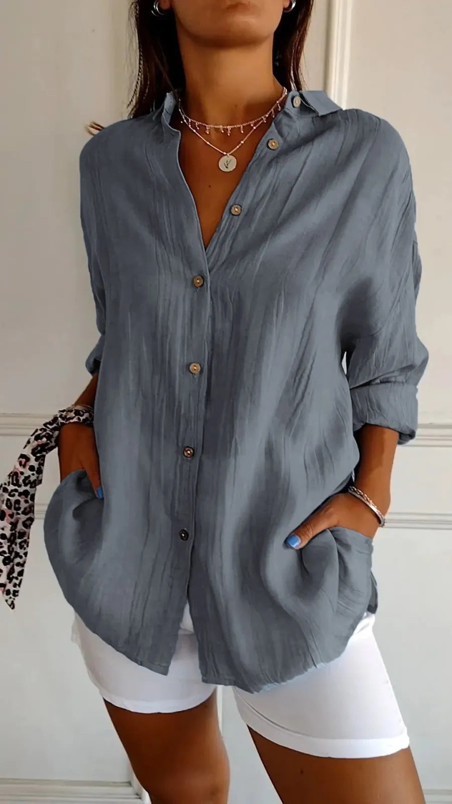 Long Sleeve Shirt Women's Single-breasted Pleated Shirt