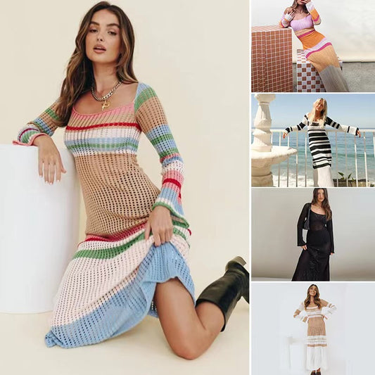 Colorblock Cutout Knit Dress with Long Sleeves