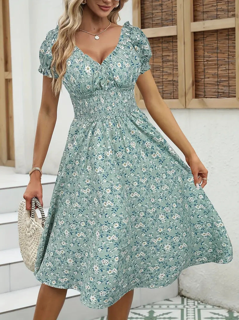 Vintage Floral Puff Sleeve French Dress