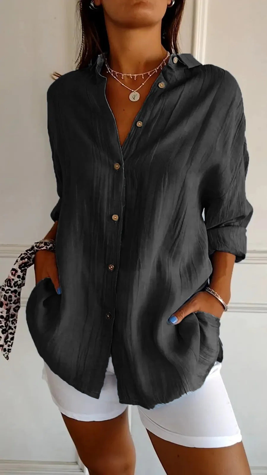 Long Sleeve Shirt Women's Single-breasted Pleated Shirt