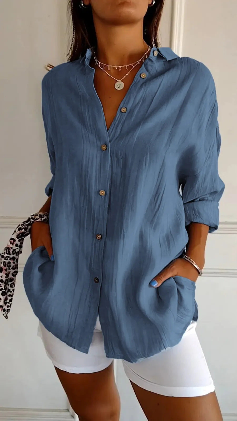 Long Sleeve Shirt Women's Single-breasted Pleated Shirt