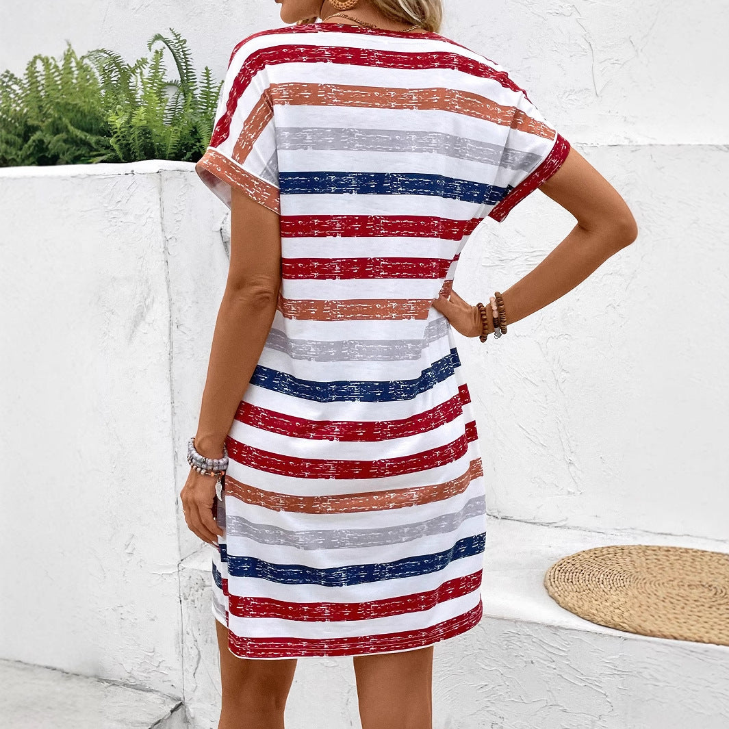 Striped V-Neck Dress with Button Detailing