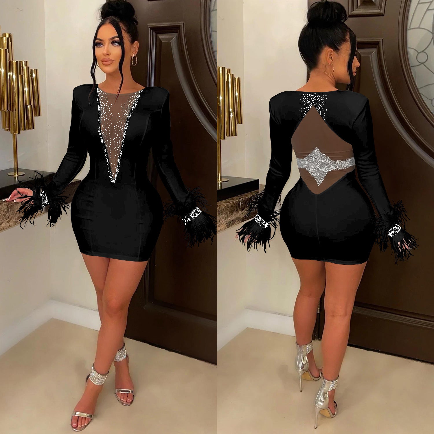 Chic Women's Lace Wool Dress with Full-Length Sleeves