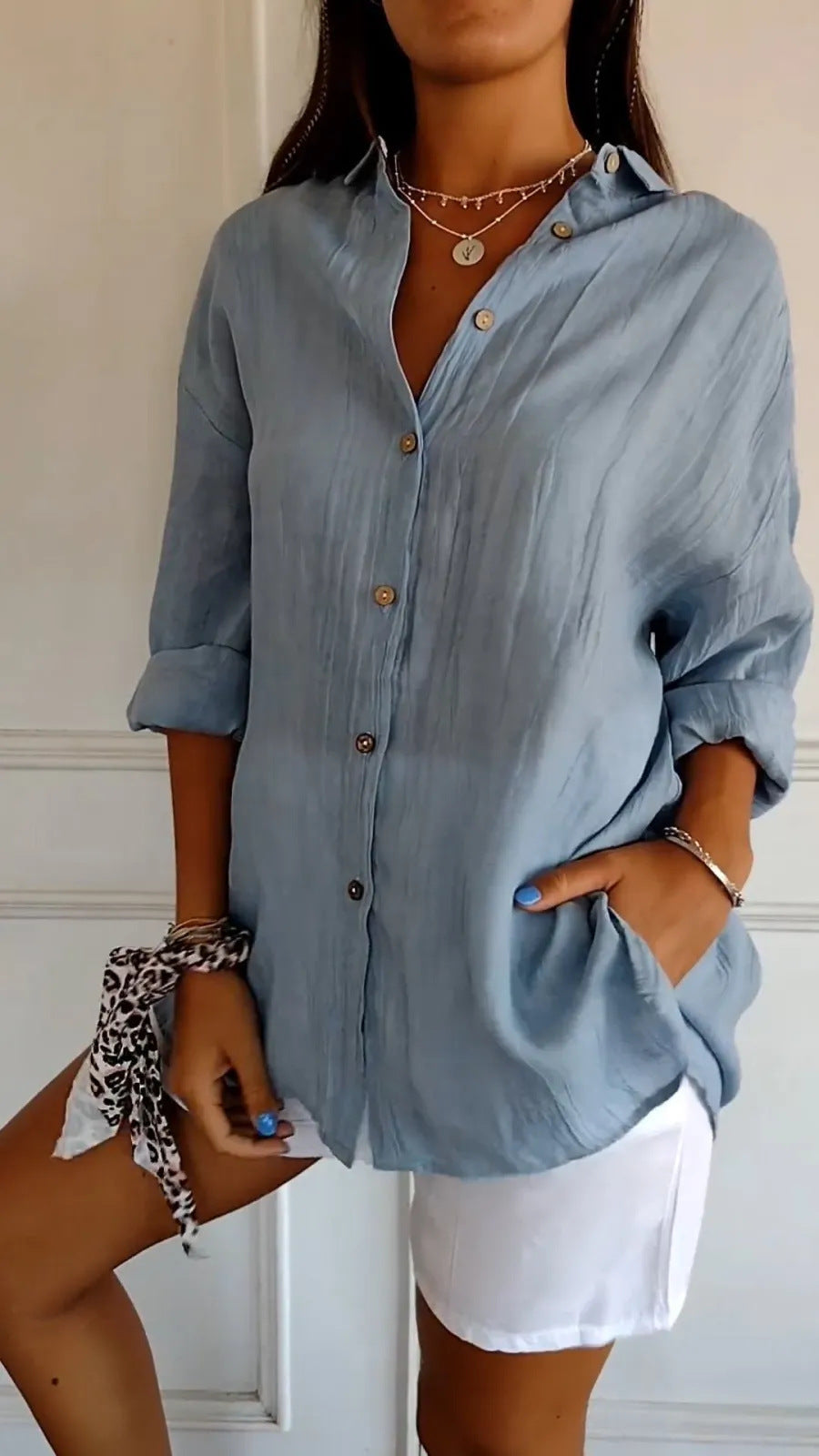 Long Sleeve Shirt Women's Single-breasted Pleated Shirt