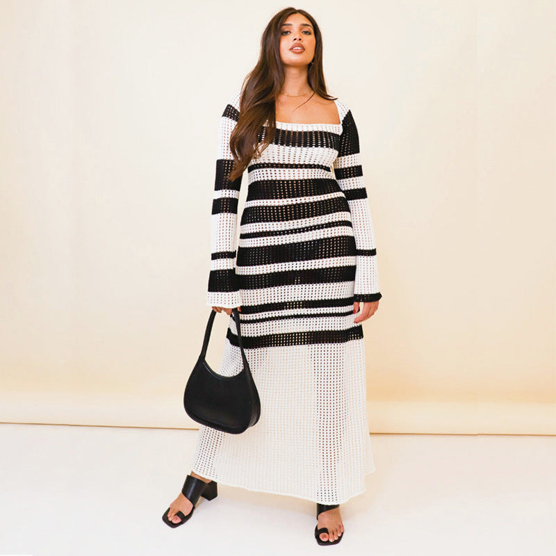 Colorblock Cutout Knit Dress with Long Sleeves