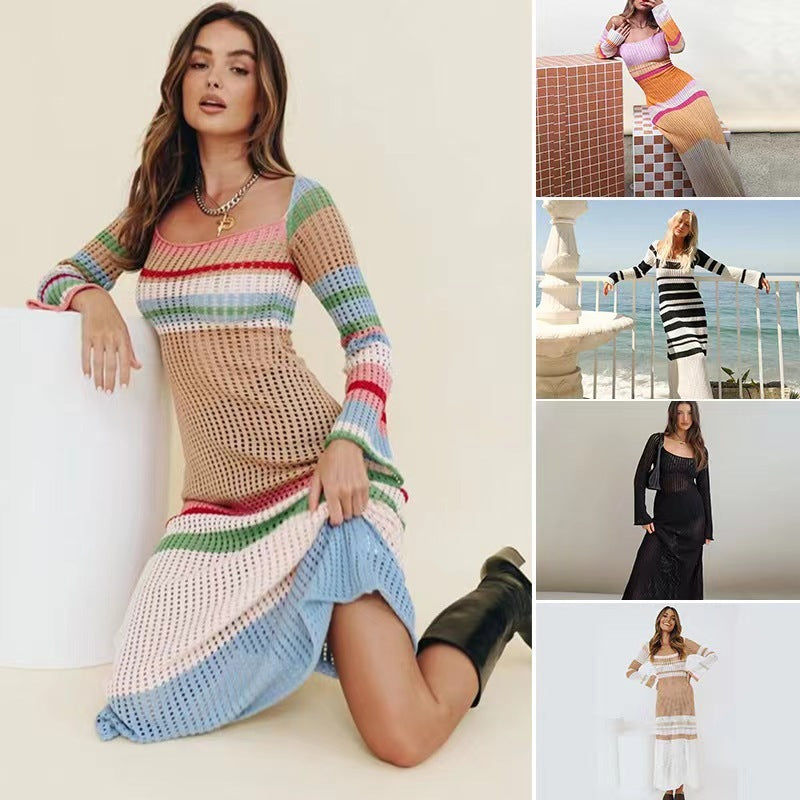 Colorblock Cutout Knit Dress with Long Sleeves