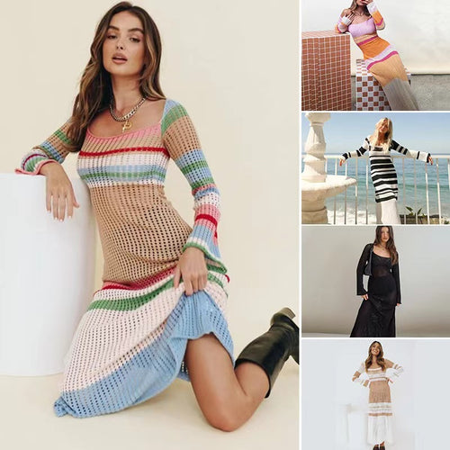 Colorblock Cutout Knit Dress with Long Sleeves