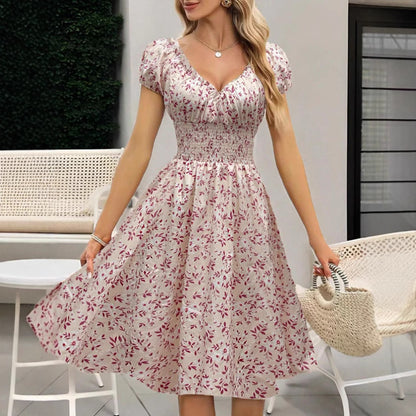 Vintage Floral Puff Sleeve French Dress