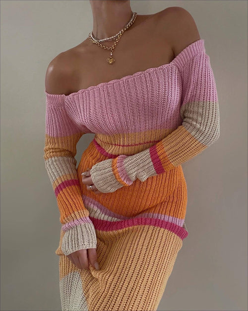 Colorblock Cutout Knit Dress with Long Sleeves